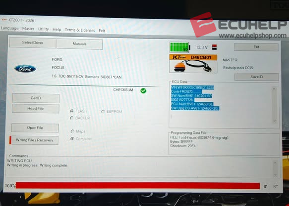 ECUHELP KT200II 2026 OBD Read/Write Ford Focus 1.6 TDCi SID807EVO-03